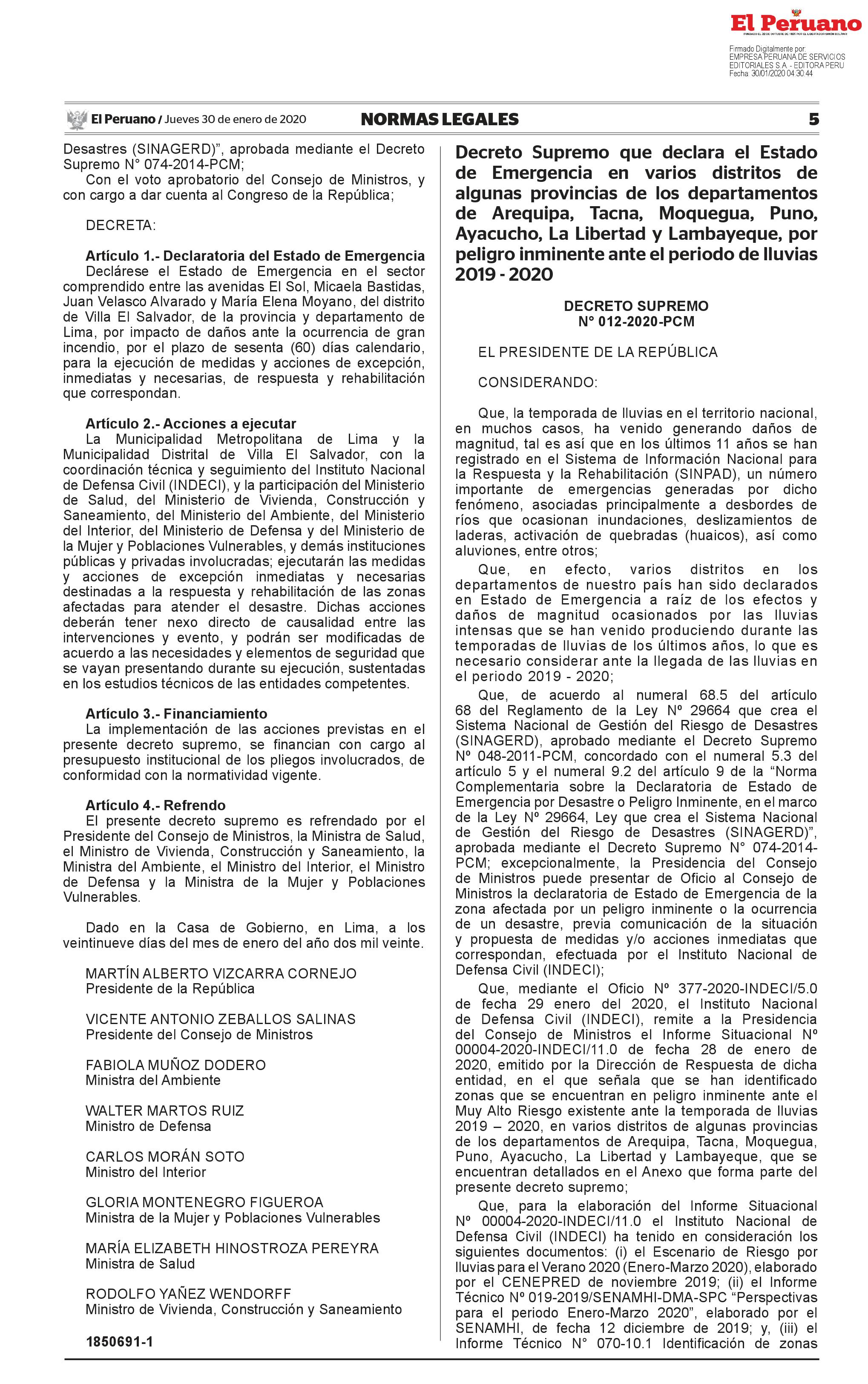 Decreto Supremo declara en emergencia distritos de la región Puno ...